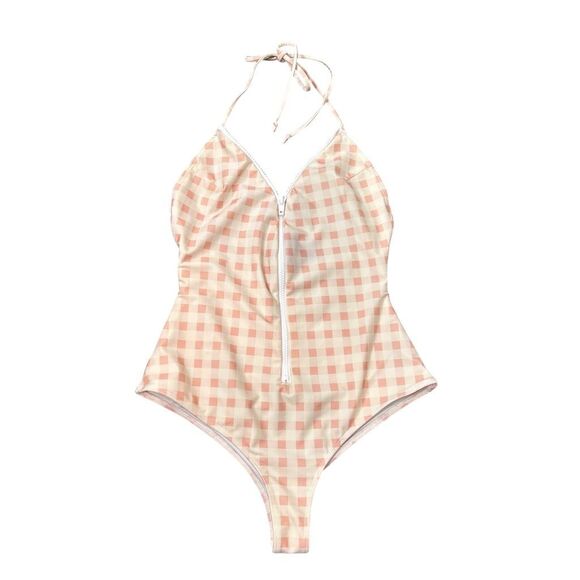 For Love And Lemons Bonnie One Piece Swimsuit Zip Up Small Pink Gingham Halter S - Picture 2 of 16